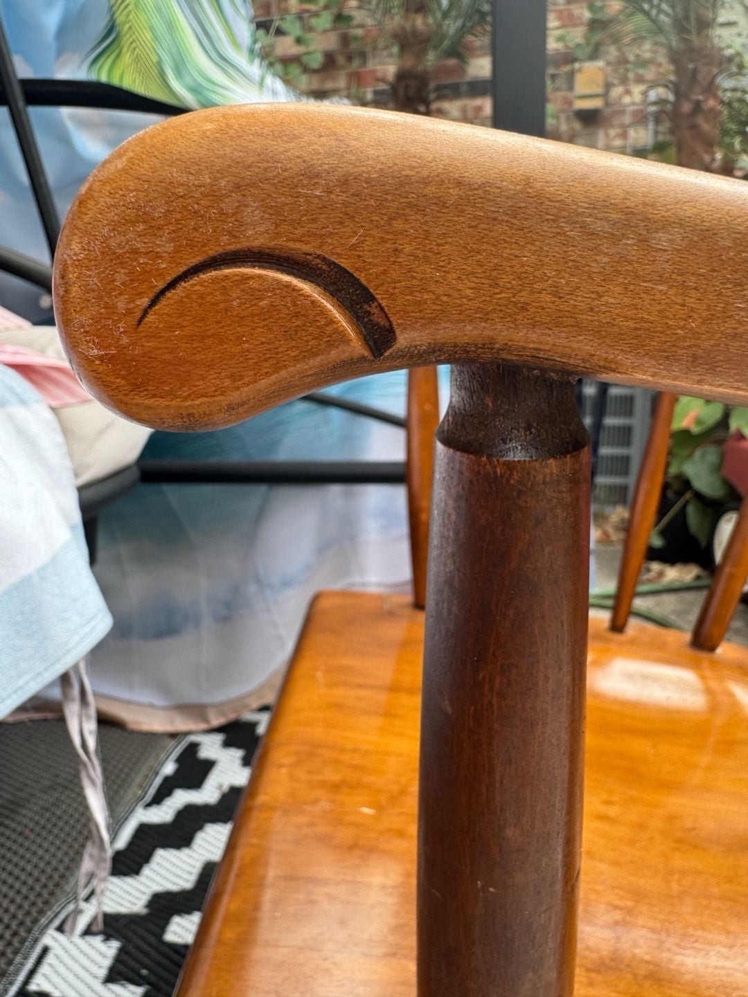 Vintage Tall Spindle Rocking Chair Blue Pattern Cushions 6