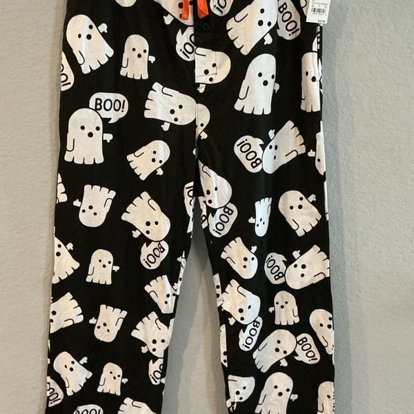 Unisex Halloween Bor Ghost Print Pajama Cotton Pants Size L Black White