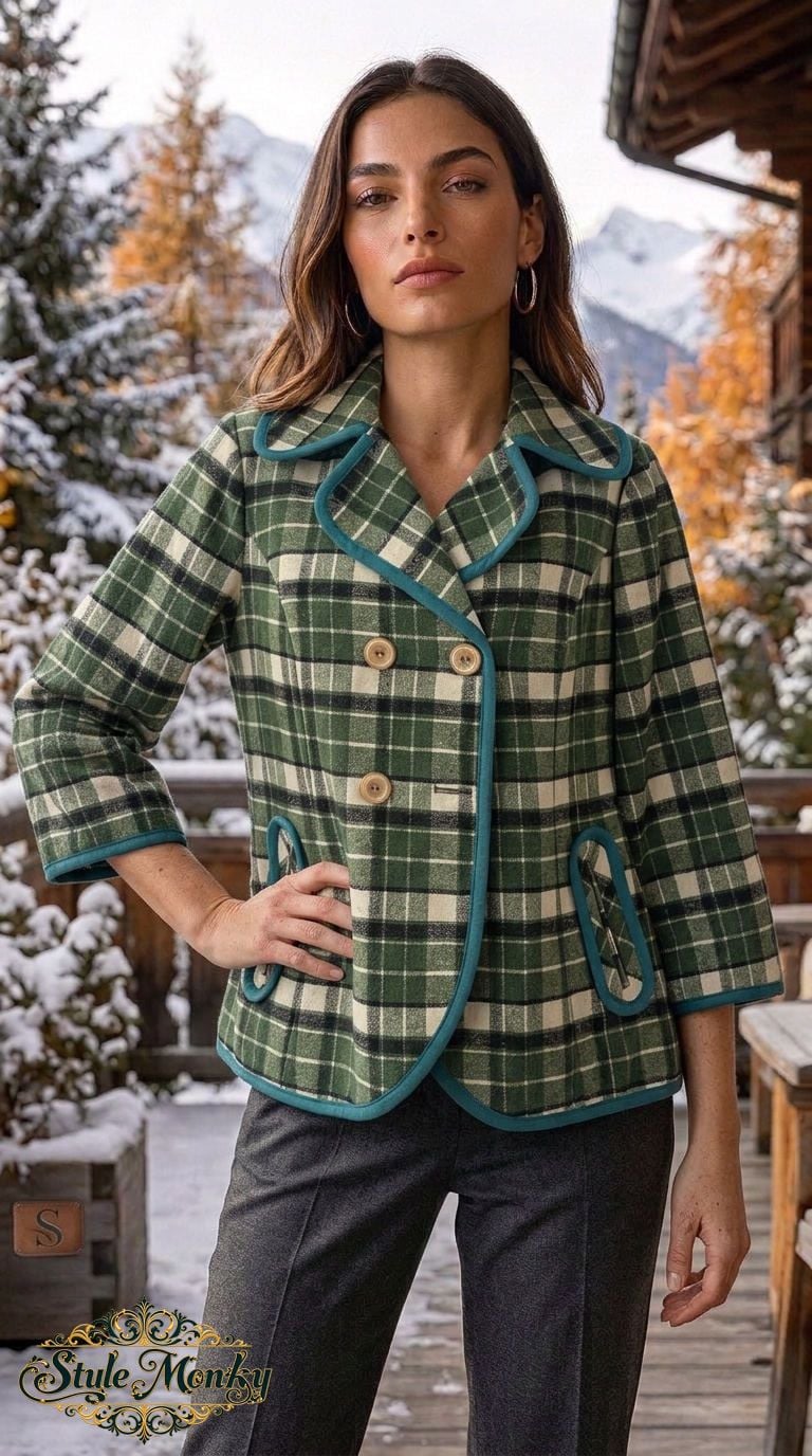 Tabitha Piper Plaid Jacket Size M Green Teal Trim Double Breasted 2