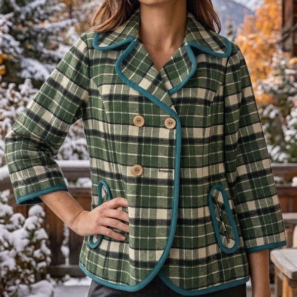 Tabitha Piper Plaid Jacket Size M Green Teal Trim Double Breasted