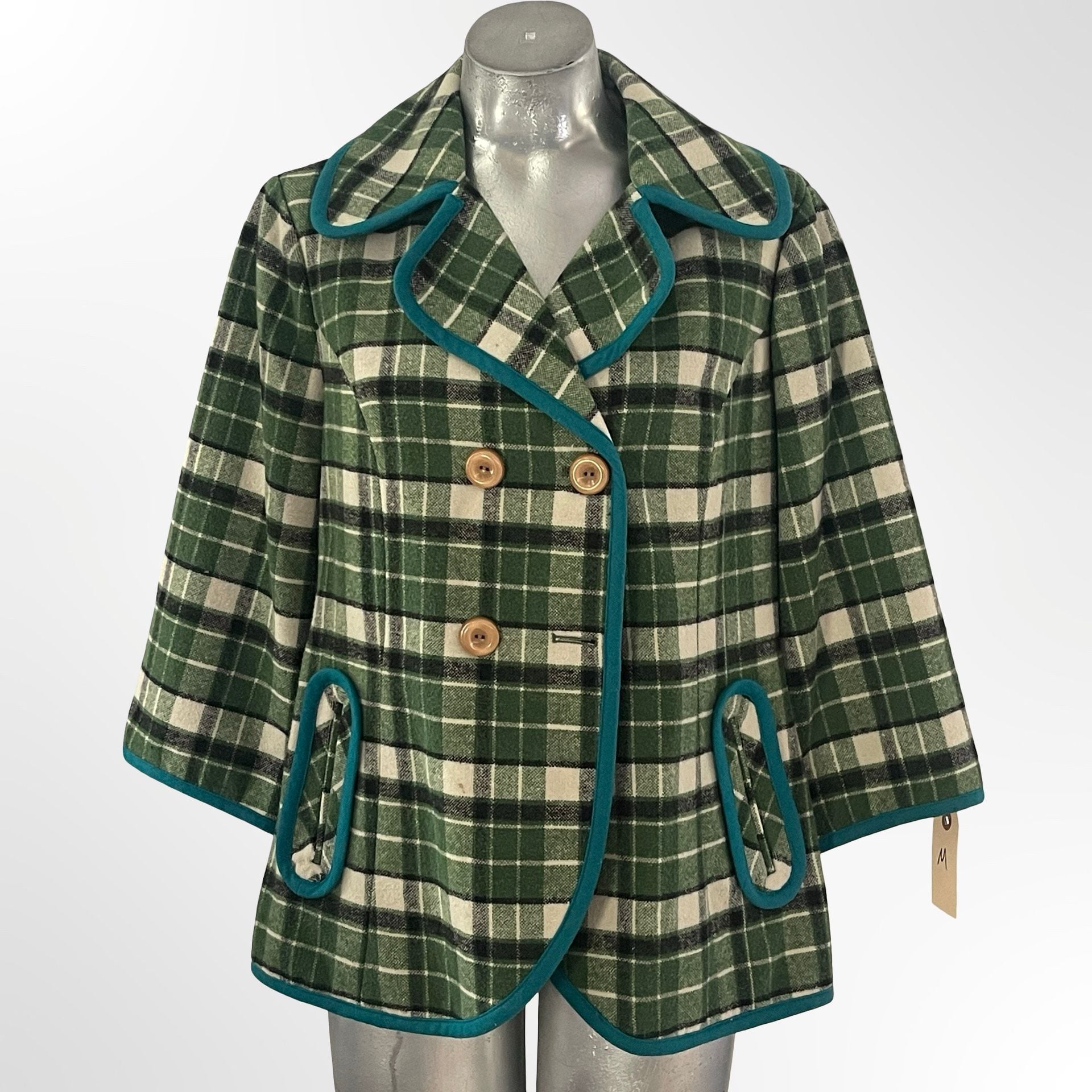 Tabitha Piper Plaid Jacket Size M Green Teal Trim Double Breasted 3