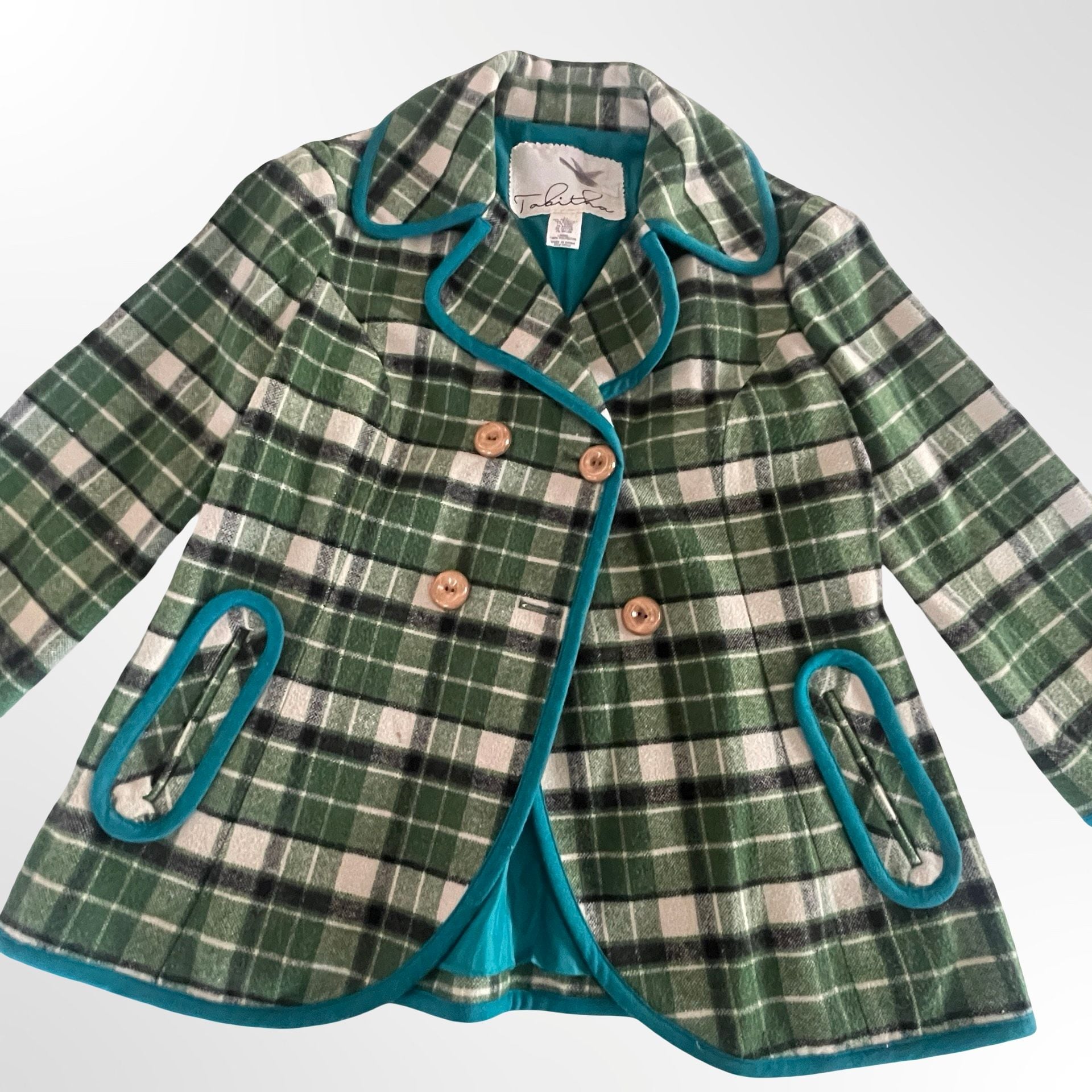 Tabitha Piper Plaid Jacket Size M Green Teal Trim Double Breasted 6