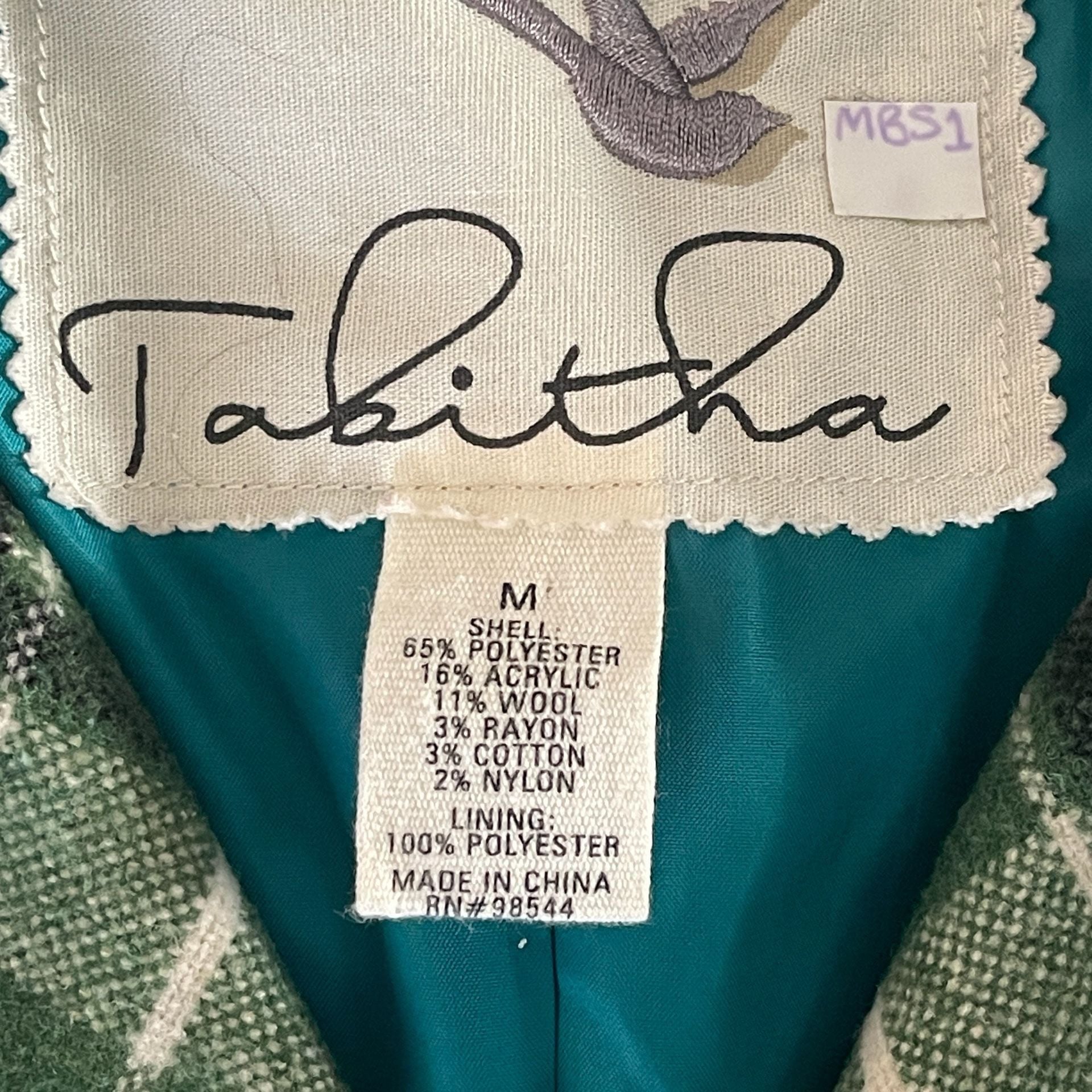 Tabitha Piper Plaid Jacket Size M Green Teal Trim Double Breasted 7