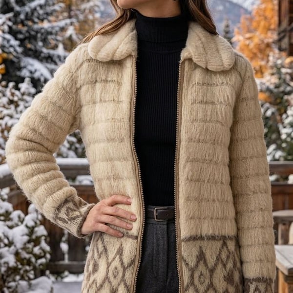 IceWool Machine Knitted Tricote Machine Size M Cream Wool Jacket with Geometric