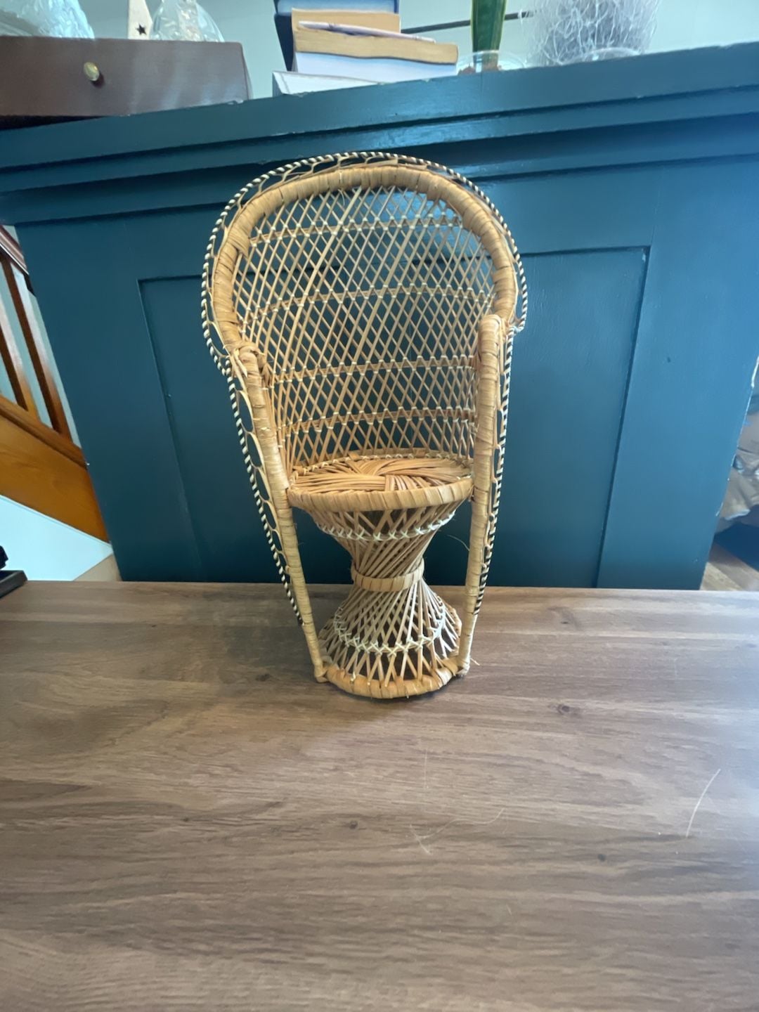 Vintage Boho Wicker Rattan Mini Peacock Chair Plant Stand, Doll Chair 1