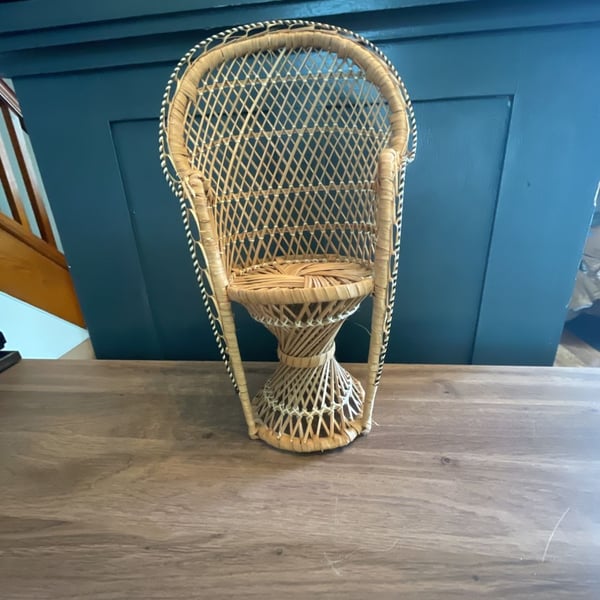 Vintage Boho Wicker Rattan Mini Peacock Chair Plant Stand, Doll Chair