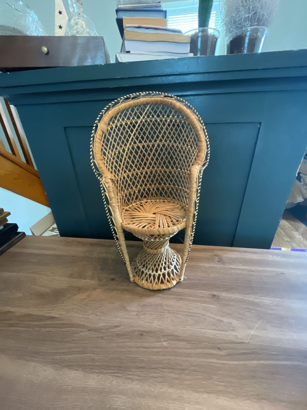 Vintage Boho Wicker Rattan Mini Peacock Chair Plant Stand, Doll Chair 2