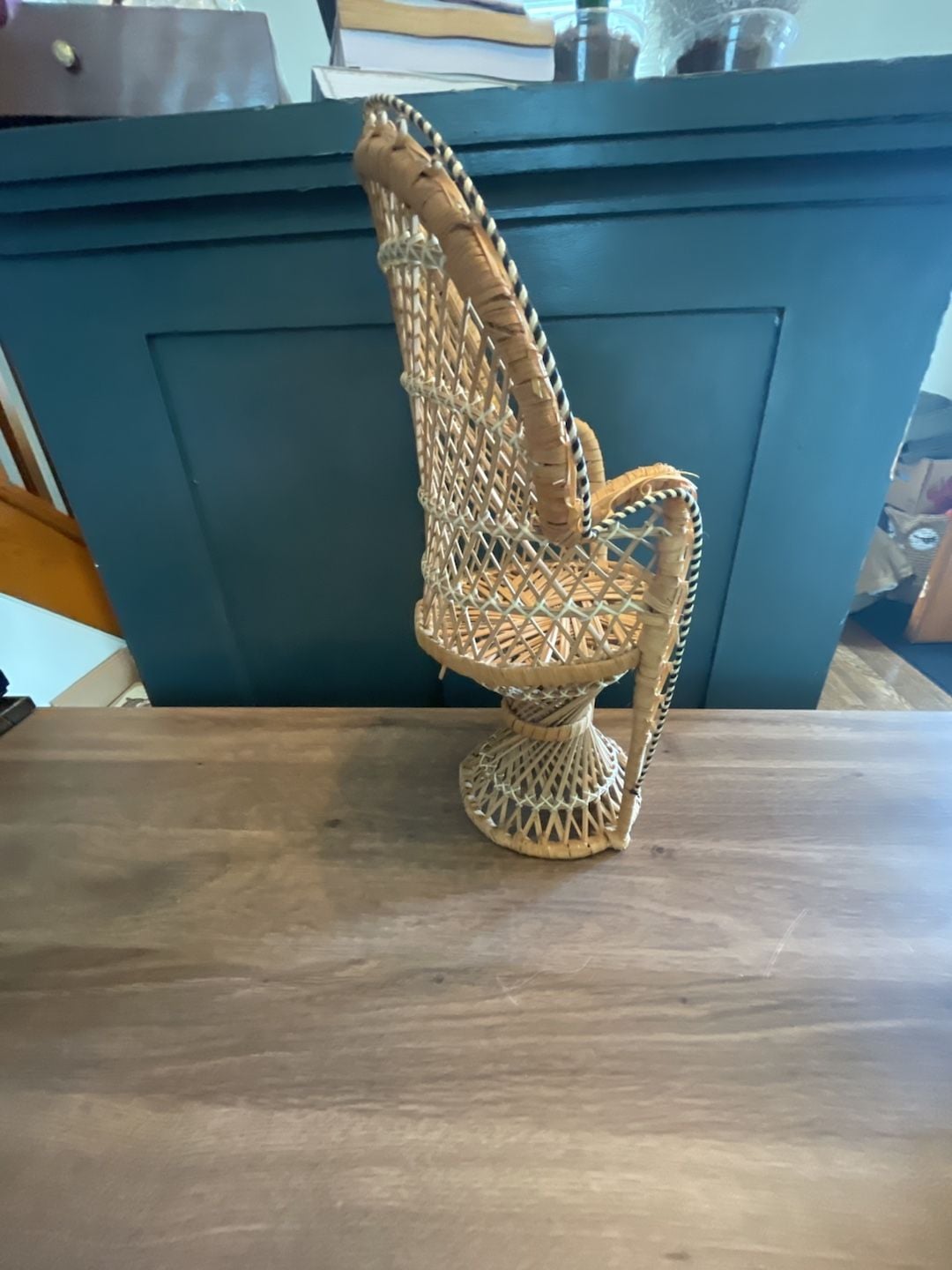 Vintage Boho Wicker Rattan Mini Peacock Chair Plant Stand, Doll Chair 3