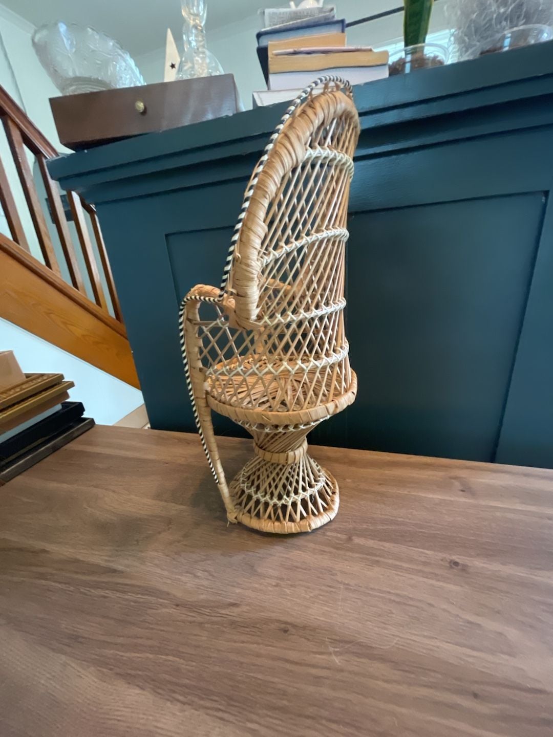 Vintage Boho Wicker Rattan Mini Peacock Chair Plant Stand, Doll Chair 5