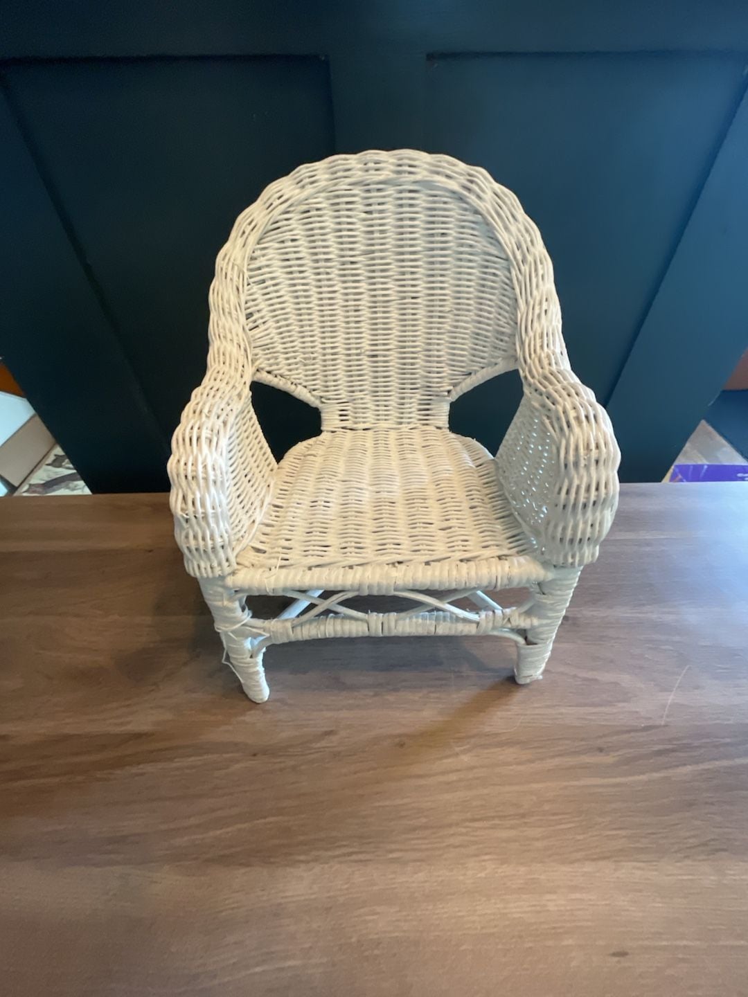 White Wicker Miniature Chair Plant Stand, Doll Display 2