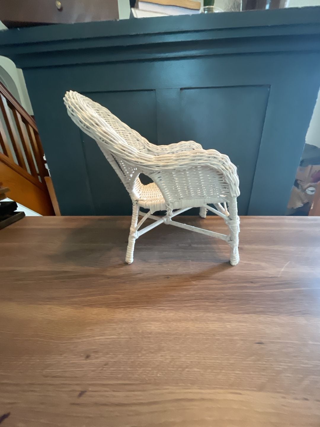 White Wicker Miniature Chair Plant Stand, Doll Display 3