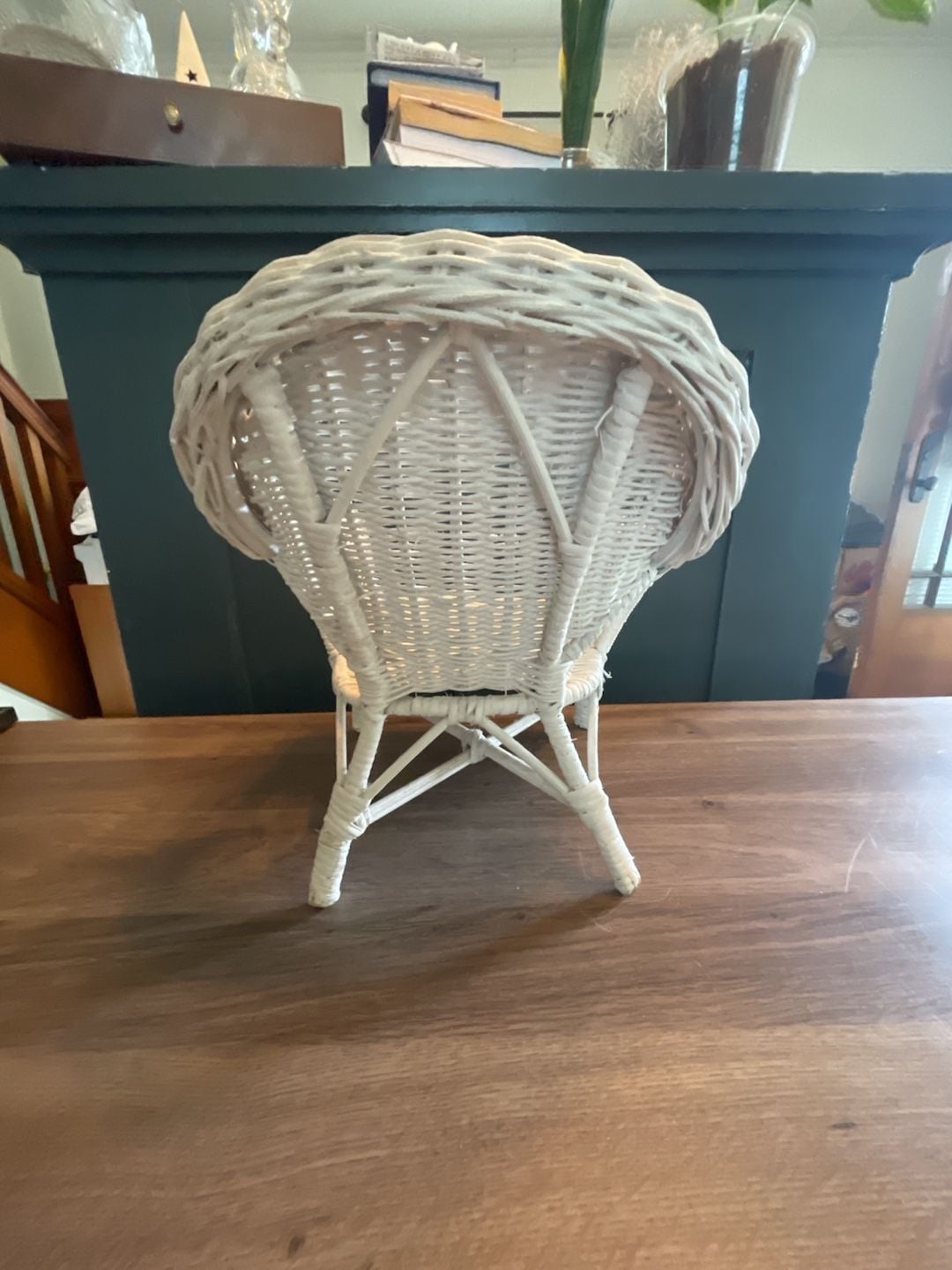 White Wicker Miniature Chair Plant Stand, Doll Display 4