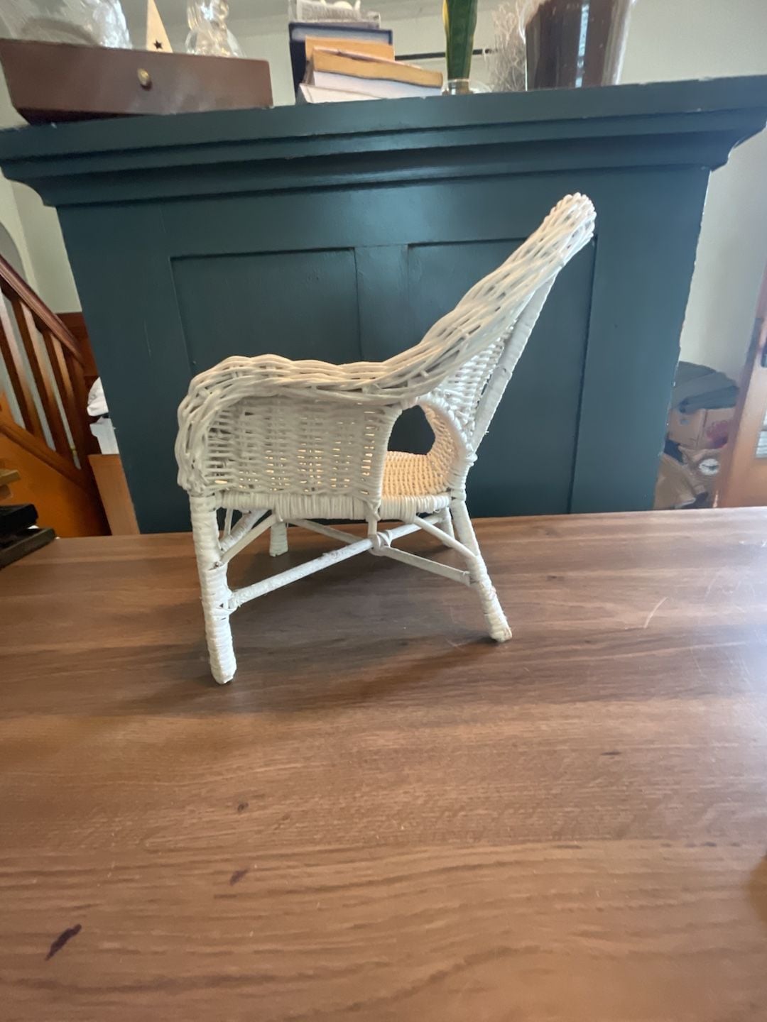 White Wicker Miniature Chair Plant Stand, Doll Display 5