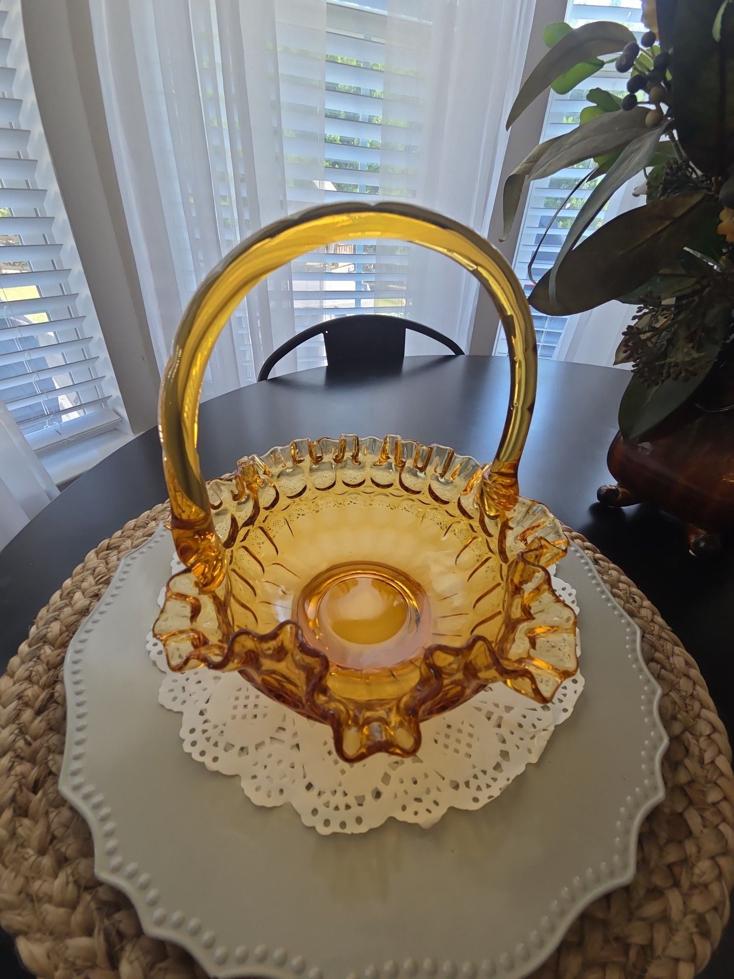 Fenton Amber Glass Thumbprint Ruffled Basket 1