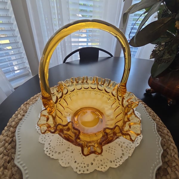 Fenton Amber Glass Thumbprint Ruffled Basket