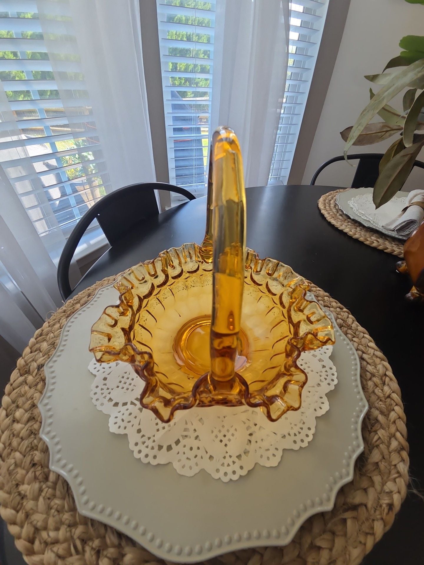 Fenton Amber Glass Thumbprint Ruffled Basket 2
