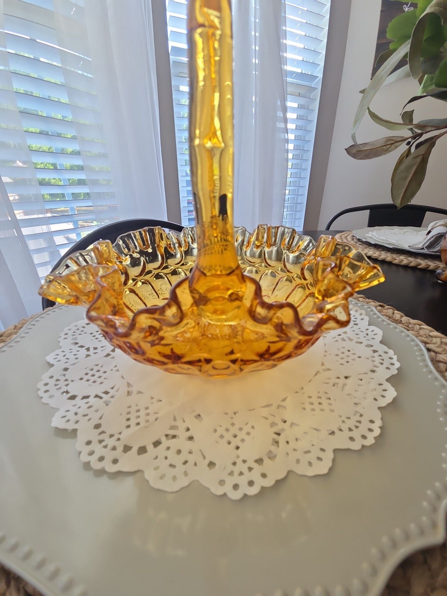 Fenton Amber Glass Thumbprint Ruffled Basket 3