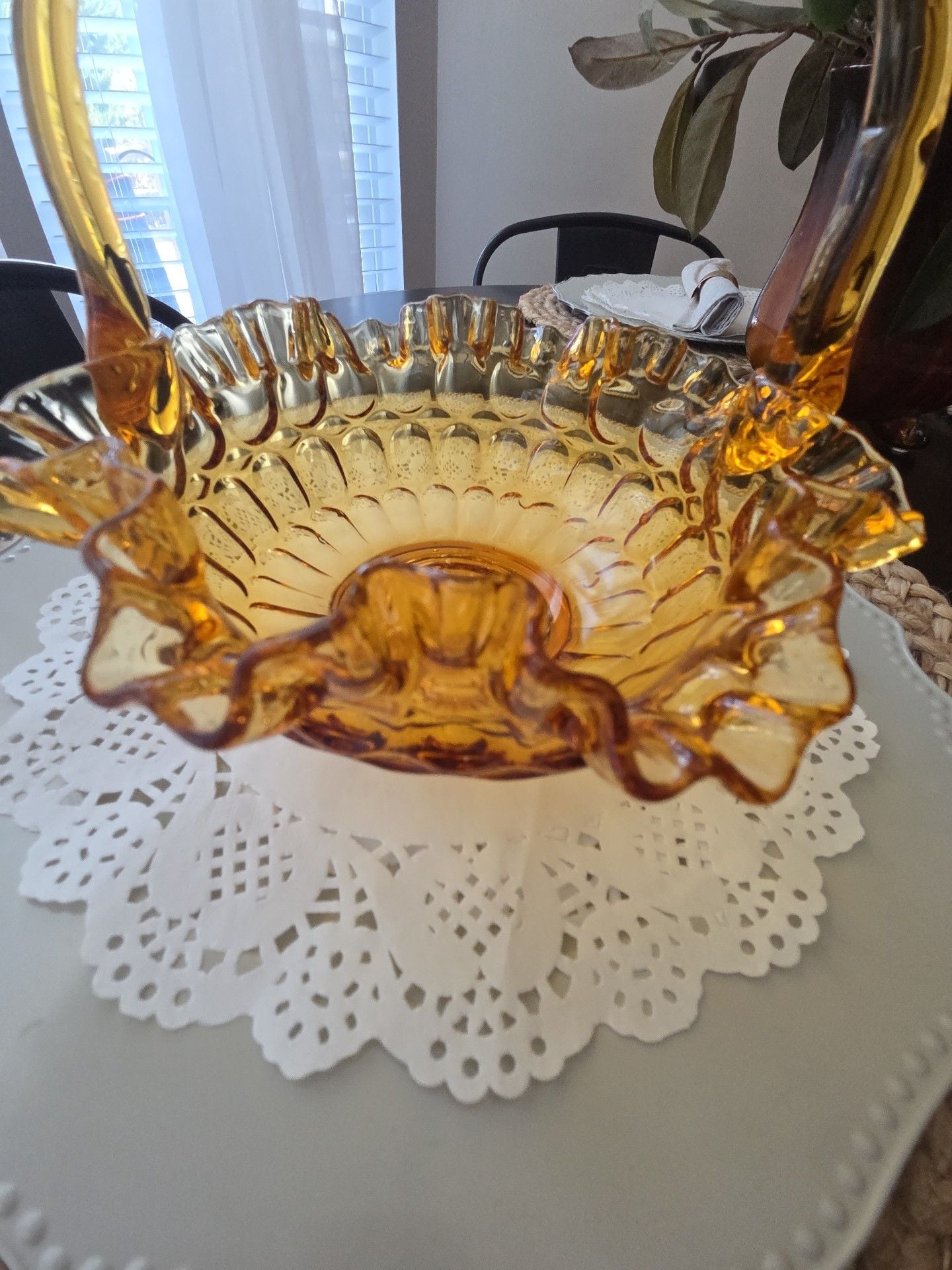 Fenton Amber Glass Thumbprint Ruffled Basket 6