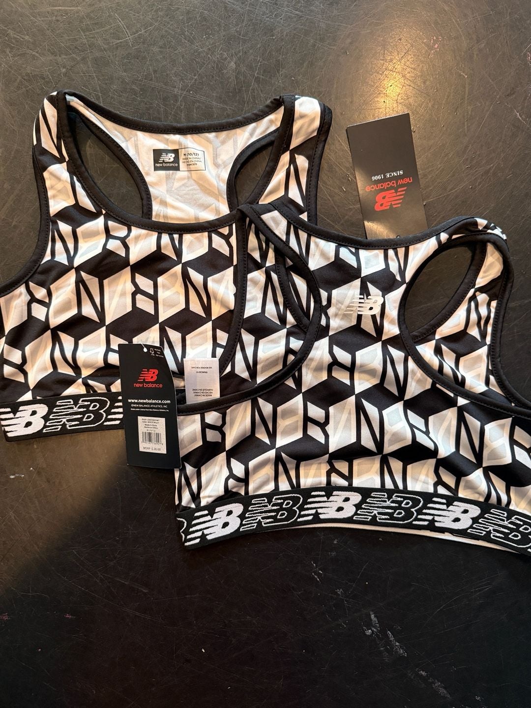 Two New Balance Sports Bra Size M White Multi Geometric Print Youth 1
