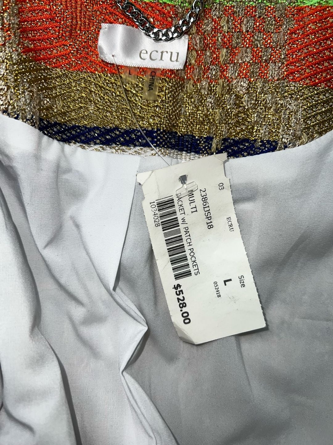 Ecru Metallic Multicolor Tweed Jacket Size L NWT 9