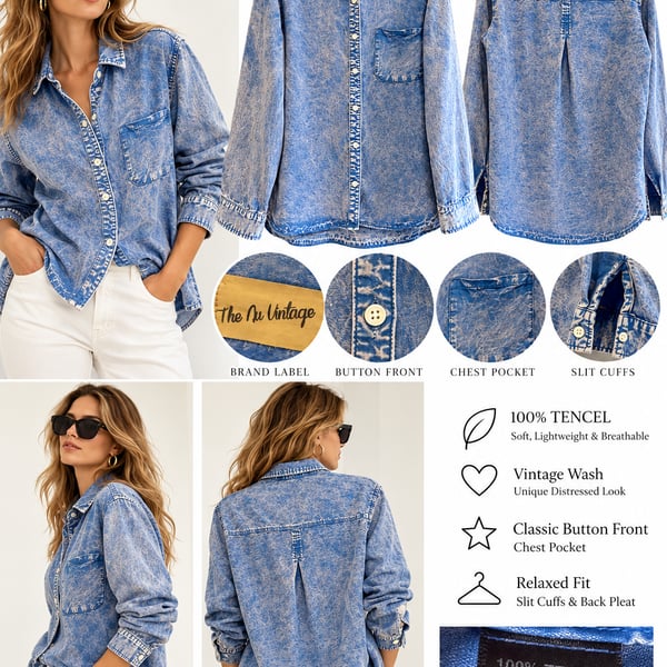The Nu Vintage Acid Wash Tencel Button Down Shirt Blue Size M