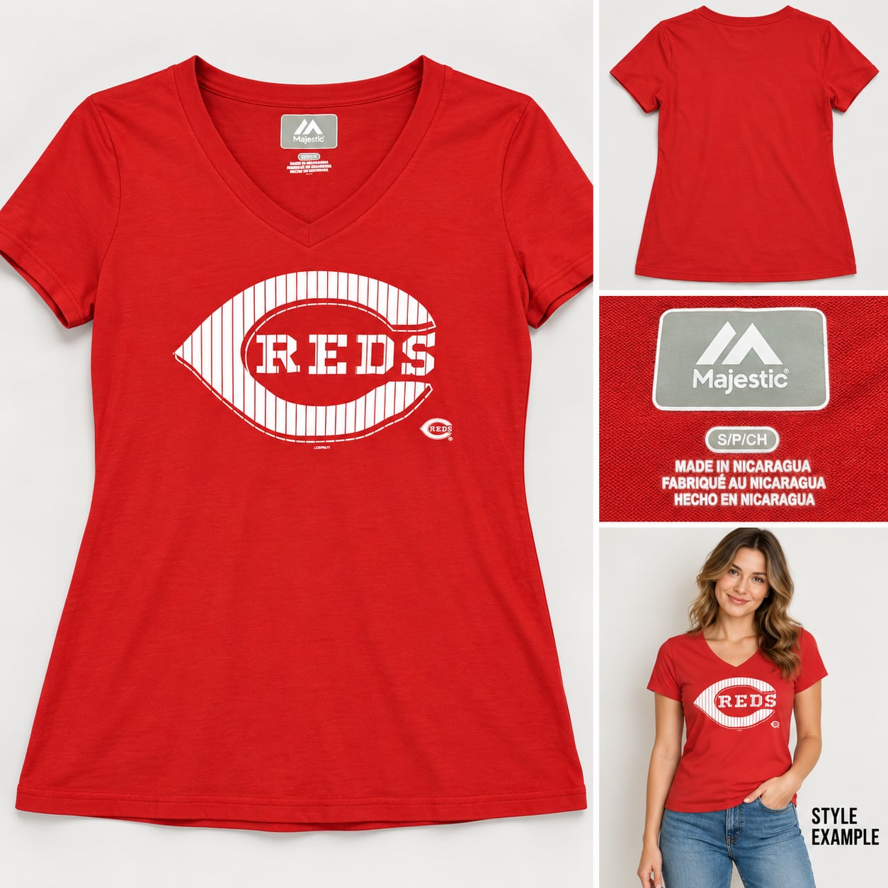 Majestic Cincinnati Reds Women’s Red V-Neck Graphic Tee Size Small 2