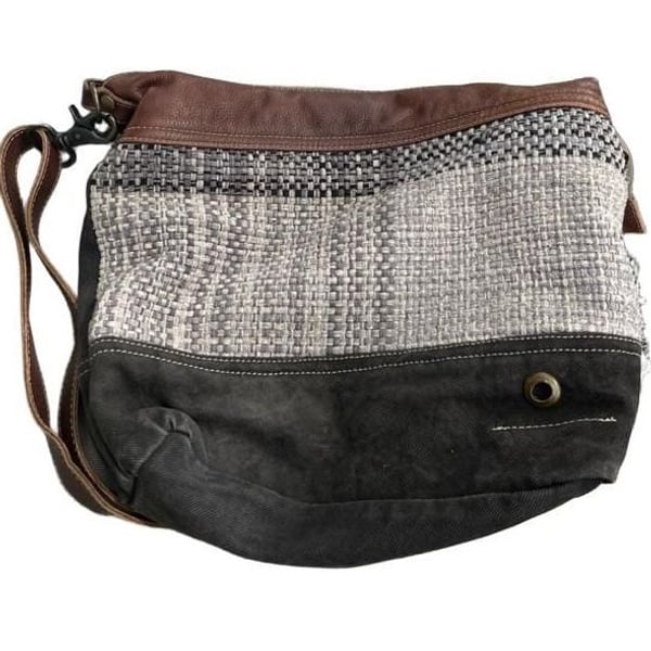 Myra Bag Upcycled Canvas Woven Rug Leather Crossbody Shoulder Purse Boho