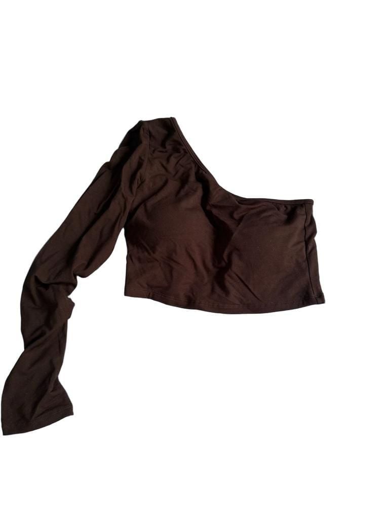 Klassy Network One Shoulder Long Sleeve Crop Top Size L Brown 2