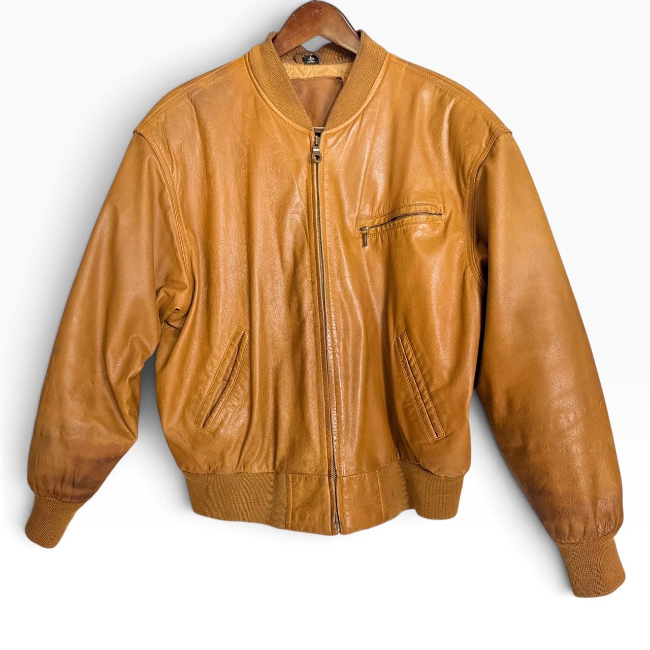 Vintage Mixed Blues Cognac Brown Leather Bomber Jacket Large 2