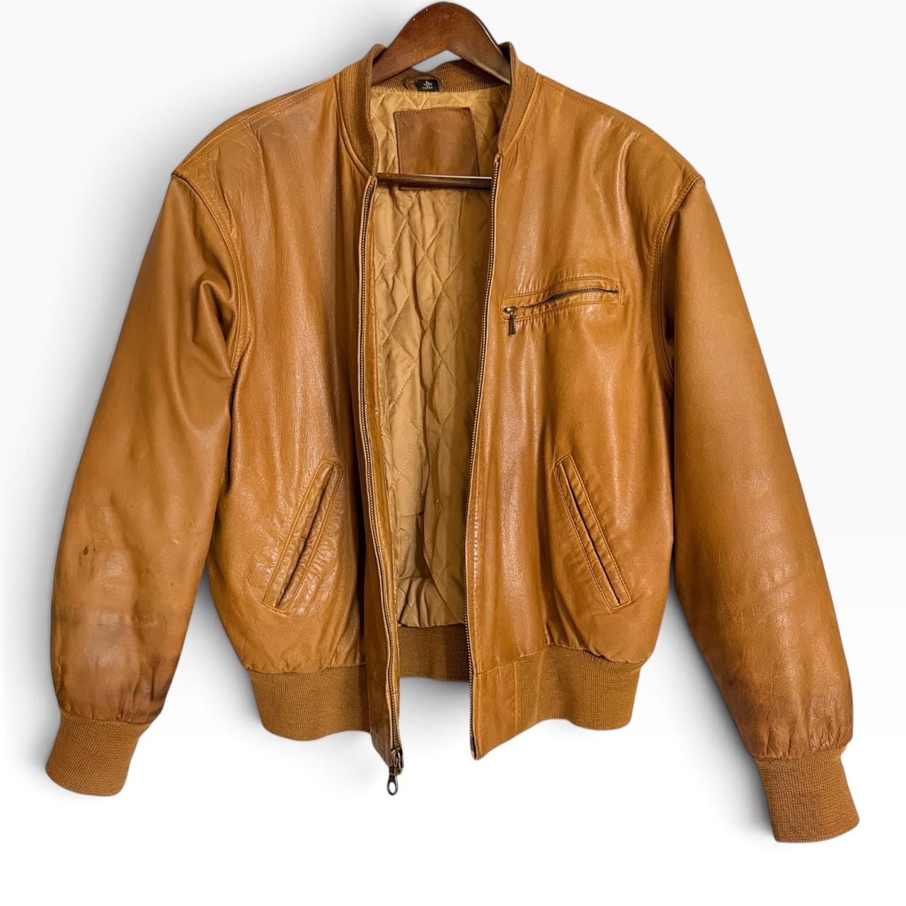 Vintage Mixed Blues Cognac Brown Leather Bomber Jacket Large 3