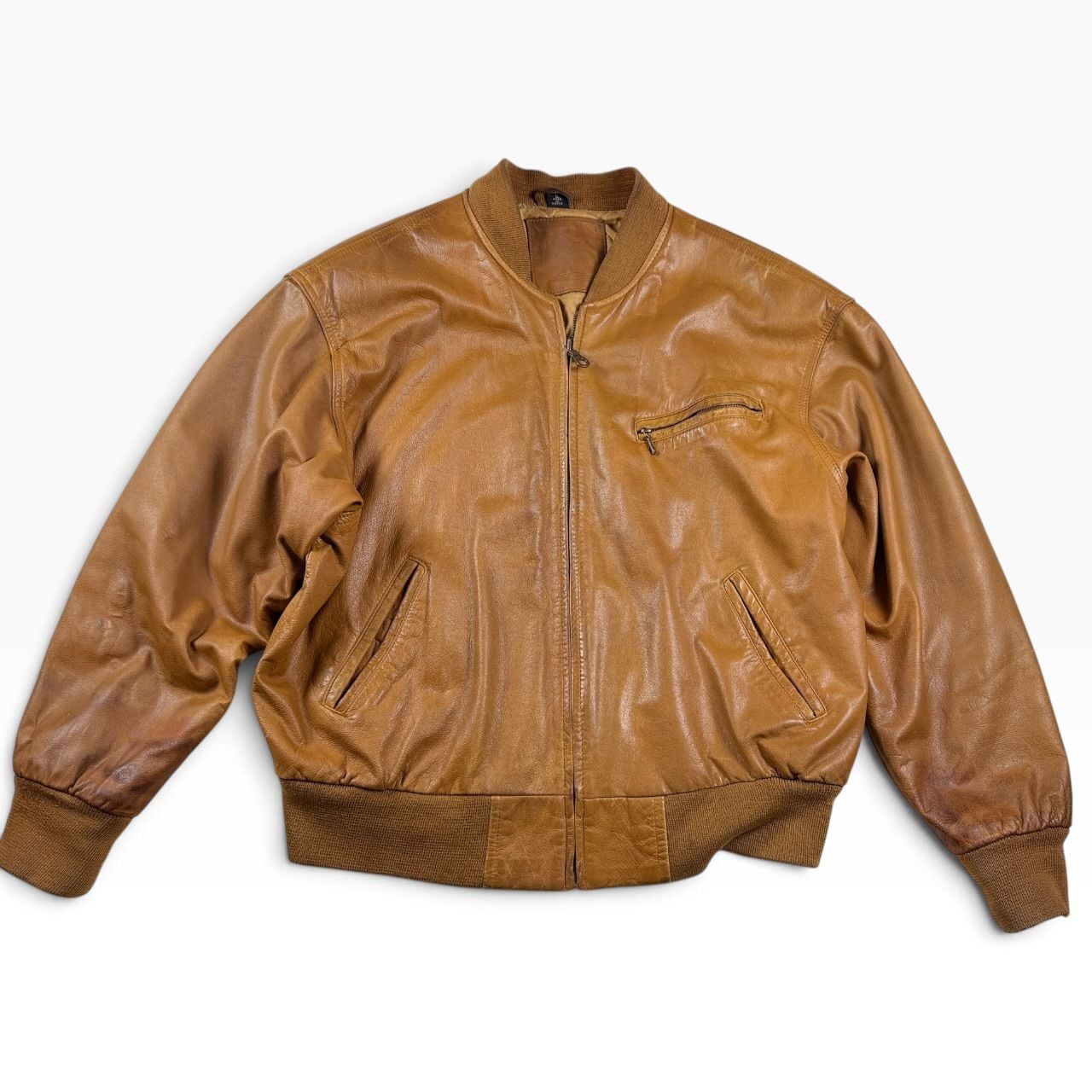 Vintage Mixed Blues Cognac Brown Leather Bomber Jacket Large 4