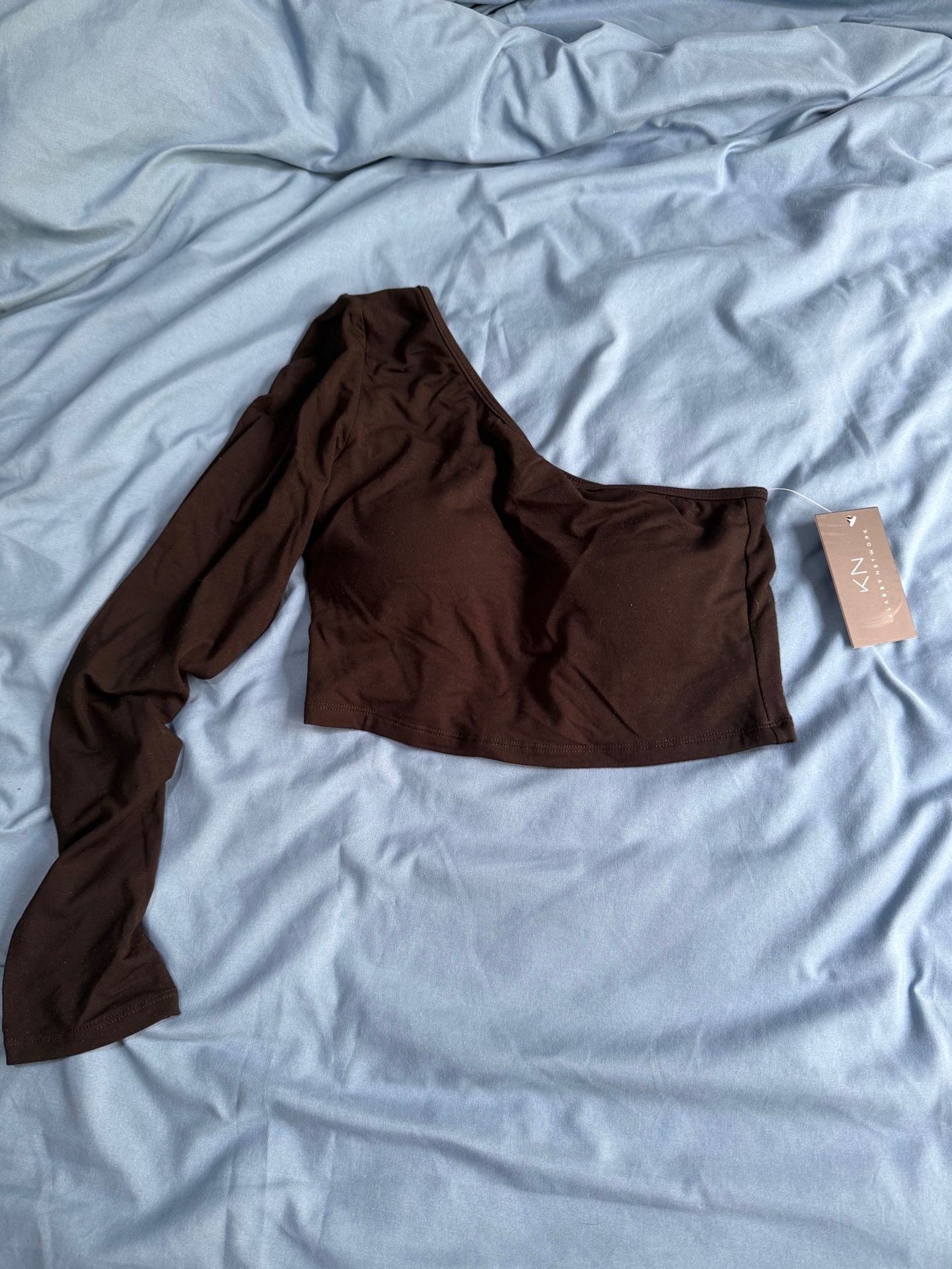 Klassy Network One Shoulder Long Sleeve Crop Top Size L Brown 5