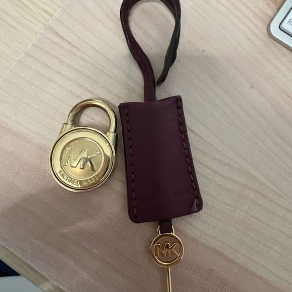 Michael Kors Leather Handbag Hang Tag Fob and Lock Charm Burgundy Gold