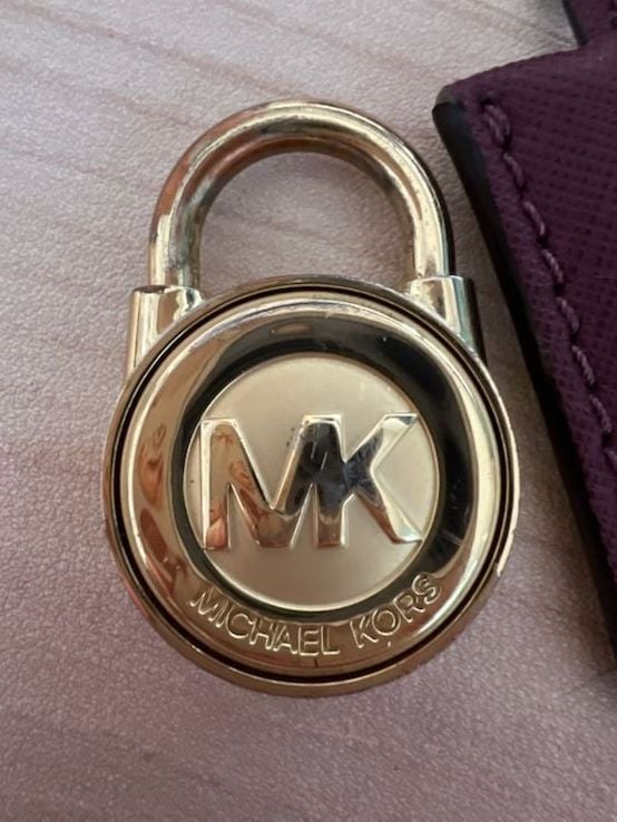 Michael Kors Leather Handbag Hang Tag Fob and Lock Charm Burgundy Gold 2