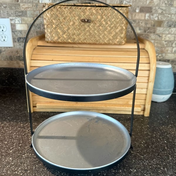 Two Tier Metal Serving Tray Silver Black