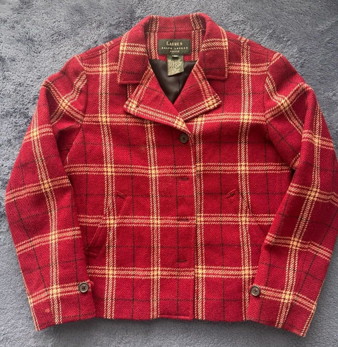 Vintage 90’s Lauren Ralph Lauren 100% Wool Plaid Blazer Size 8P Red Zip Button 2