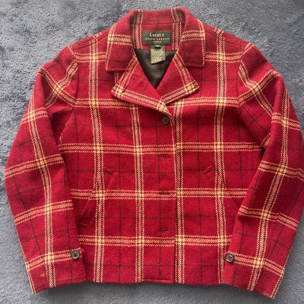 Vintage 90’s Lauren Ralph Lauren 100% Wool Plaid Blazer Size 8P Red Zip Button