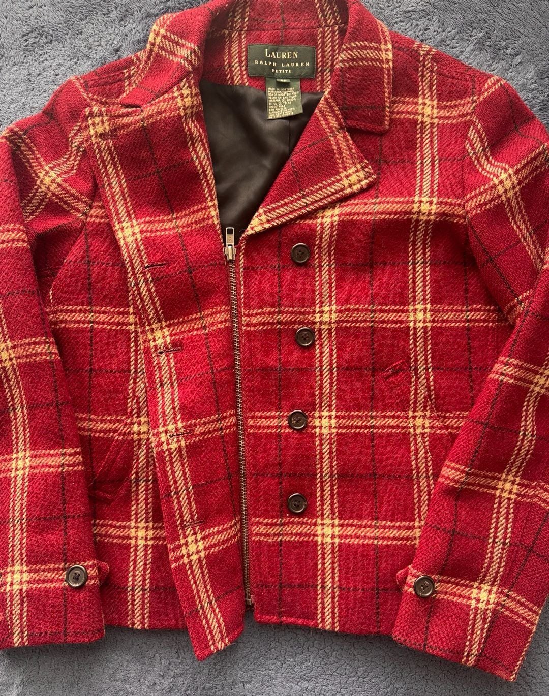 Vintage 90’s Lauren Ralph Lauren 100% Wool Plaid Blazer Size 8P Red Zip Button 7