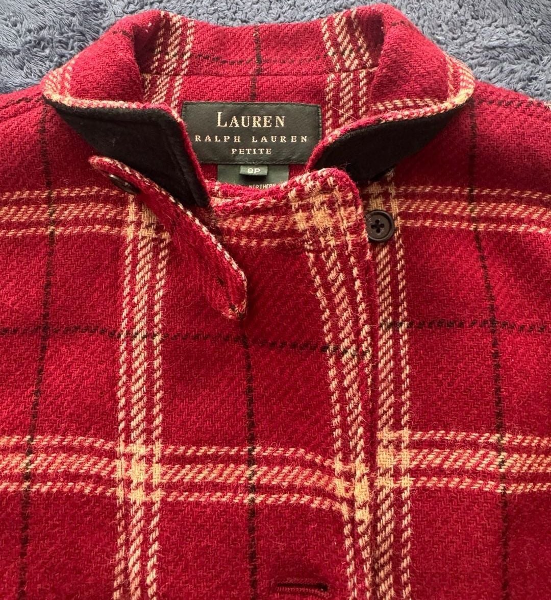 Vintage 90’s Lauren Ralph Lauren 100% Wool Plaid Blazer Size 8P Red Zip Button 12