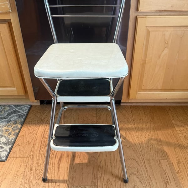 Cosco Vintage Kitchen Step Stool Flip Seat Chrome White Cream