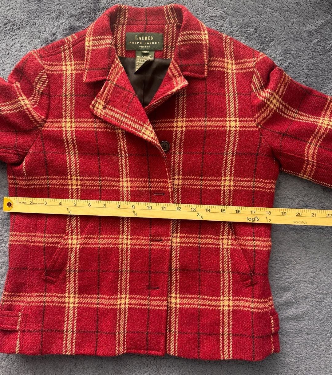 Vintage 90’s Lauren Ralph Lauren 100% Wool Plaid Blazer Size 8P Red Zip Button 13