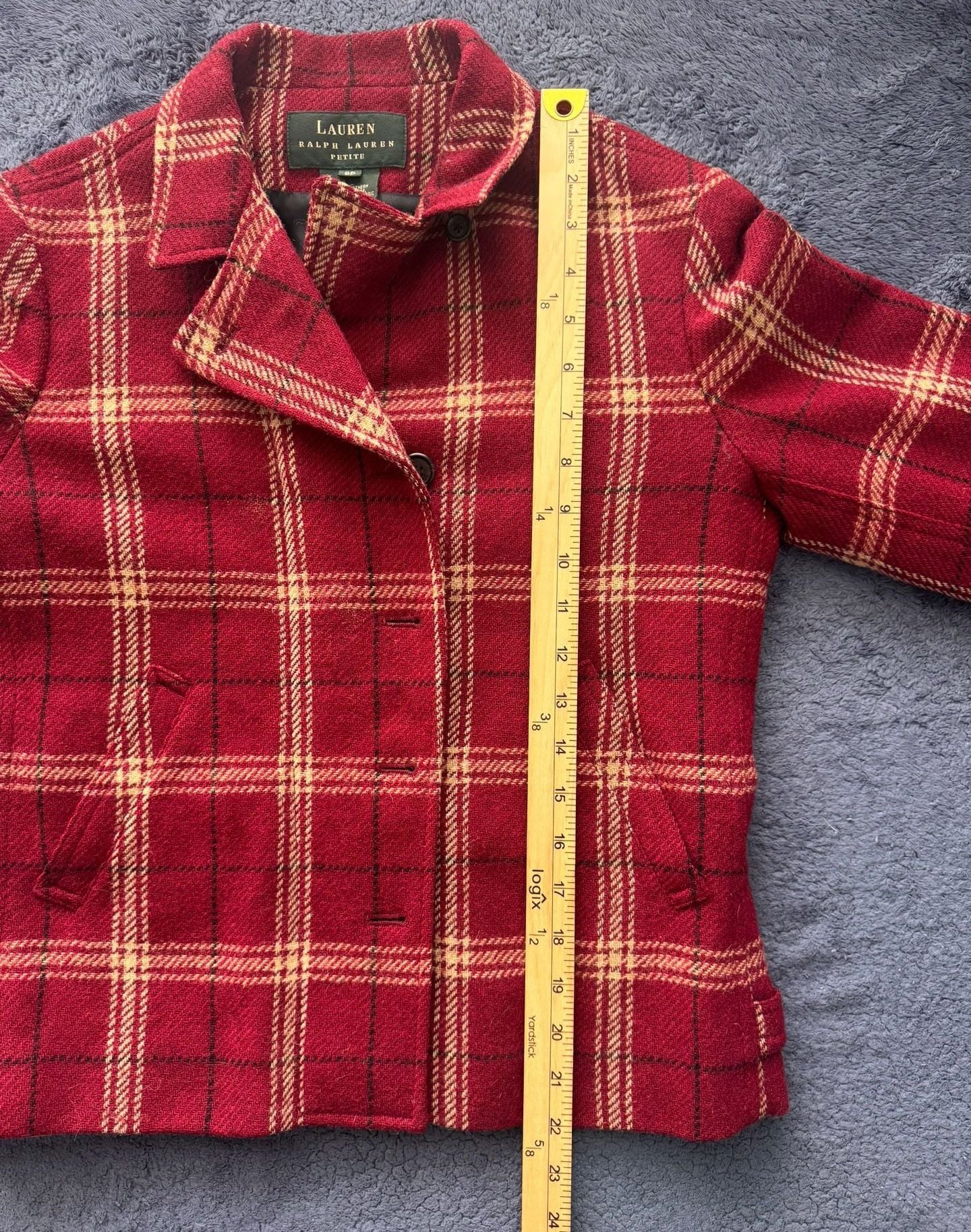 Vintage 90’s Lauren Ralph Lauren 100% Wool Plaid Blazer Size 8P Red Zip Button 14