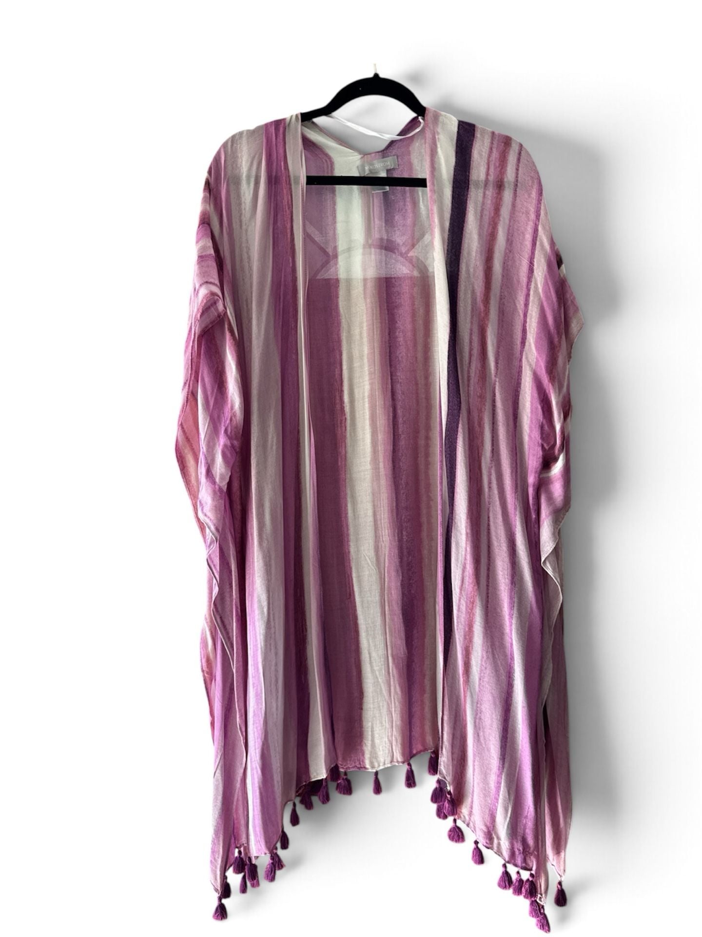 Nordstrom Striped Tassel Kimono Cover Up One Size Purple White Boho 2