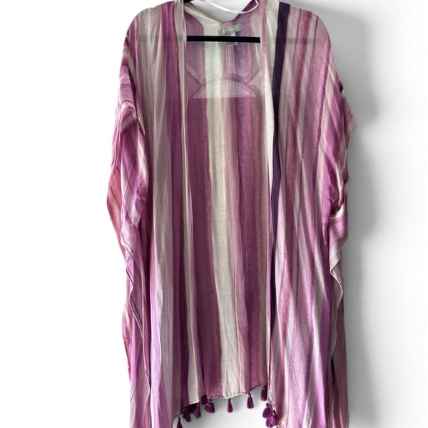 Nordstrom Striped Tassel Kimono Cover Up One Size Purple White Boho