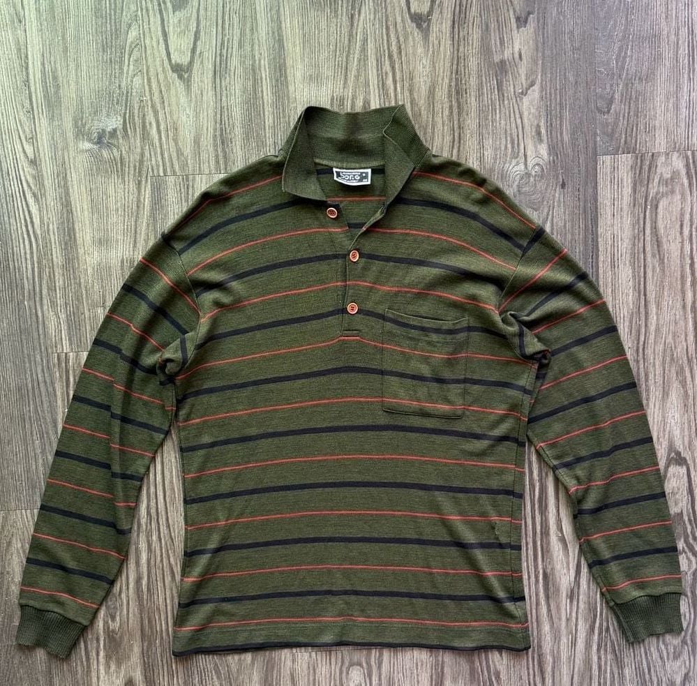 Maglieria Borg Vintage Made in Italy Olive Green Striped Long Sleeve Polo Shirt 2