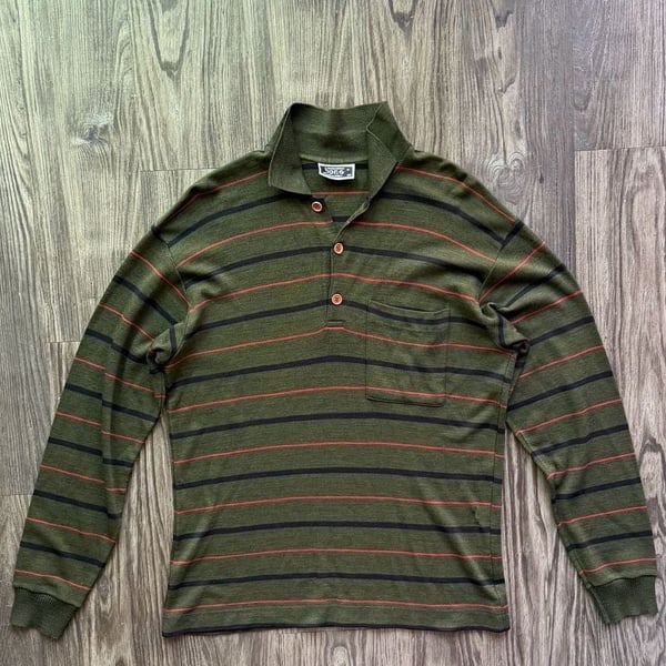 Maglieria Borg Vintage Made in Italy Olive Green Striped Long Sleeve Polo Shirt