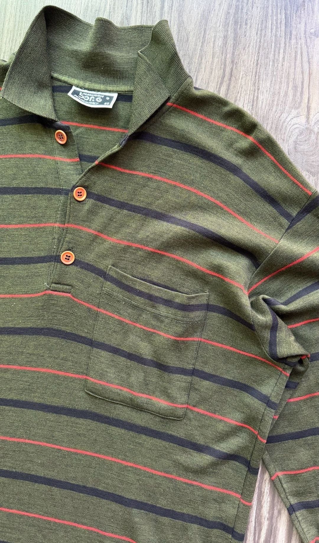 Maglieria Borg Vintage Made in Italy Olive Green Striped Long Sleeve Polo Shirt 6