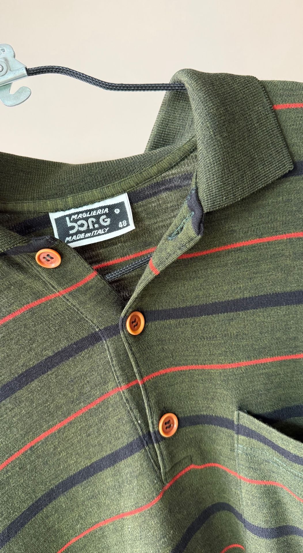 Maglieria Borg Vintage Made in Italy Olive Green Striped Long Sleeve Polo Shirt 11