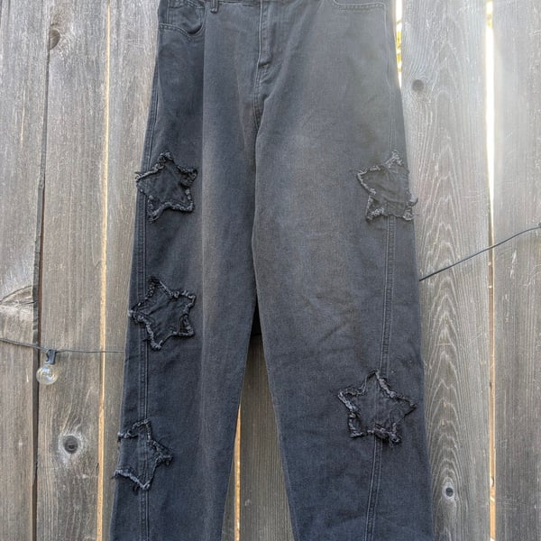 Black Star Patch Wide Leg Denim Pants Large 