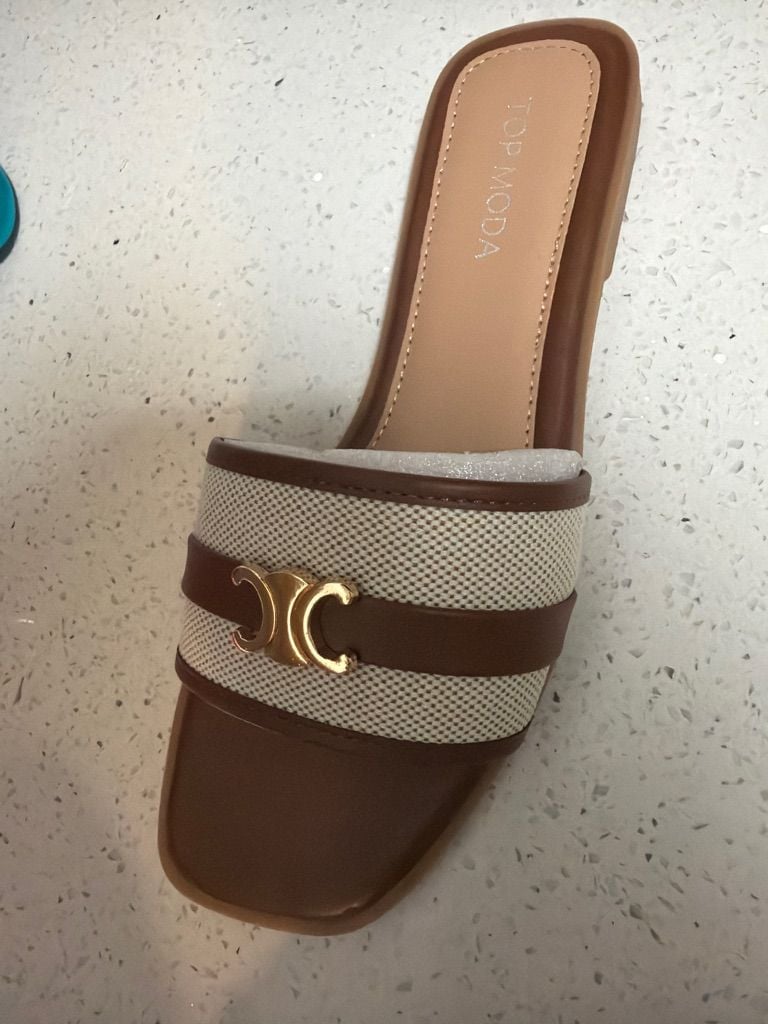 Top Moda Brown and Beige Slide Sandals with Gold Buckle 2